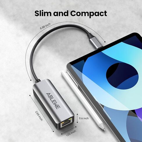 USB C to Ethernet Adapter, ABLEWE Type-C to RJ45 Gigabit Ethernet Adapter, Thunderbolt 3/4 to RJ45 LAN Network Adapter Compatible for MacBook Pro/Air, iPhone 15/16/17 Pro/Max,iMac, iPad Pro, Dell XPS in Kuwait