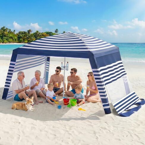 NORTHSKY Beach Cabana 8×8FT، مظلة الشاطئ مع جدار جانبي قطعتين، مأوى للشمس لخيمة الشاطئ، سهل الإعداد بعامل حماية من أشعة الشمس 50+ مأوى للشمس مع حامل أكواب للشاطئ، الفناء، الفناء، الأراضي الزجاجية، خطوط زرقاء وبيضاء in Kuwait