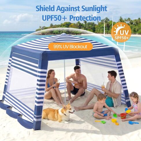 NORTHSKY Beach Cabana 8×8FT، مظلة الشاطئ مع جدار جانبي قطعتين، مأوى للشمس لخيمة الشاطئ، سهل الإعداد بعامل حماية من أشعة الشمس 50+ مأوى للشمس مع حامل أكواب للشاطئ، الفناء، الفناء، الأراضي الزجاجية، خطوط زرقاء وبيضاء in Kuwait