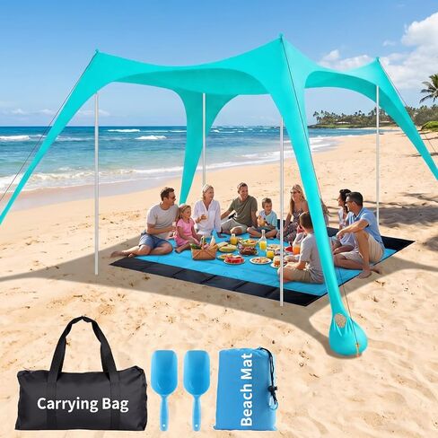12x12 FT Beach Tent Sun Shelter UPF 50+, XL Beach Canopy with 4 Thickened Aluminum Poles, Sandbags, Windproof Portable Beach Sun Shade with Beach Blanket, Shovels, for Outdoor Camping Fishing RV Trip in Saudi Arabia