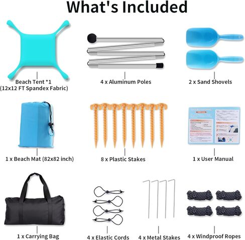 12x12 FT Beach Tent Sun Shelter UPF 50+, XL Beach Canopy with 4 Thickened Aluminum Poles, Sandbags, Windproof Portable Beach Sun Shade with Beach Blanket, Shovels, for Outdoor Camping Fishing RV Trip in Saudi Arabia