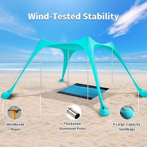 12x12 FT Beach Tent Sun Shelter UPF 50+, XL Beach Canopy with 4 Thickened Aluminum Poles, Sandbags, Windproof Portable Beach Sun Shade with Beach Blanket, Shovels, for Outdoor Camping Fishing RV Trip in Saudi Arabia
