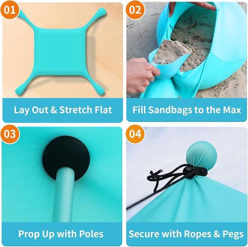 12x12 FT Beach Tent Sun Shelter UPF 50+, XL Beach Canopy with 4 Thickened Aluminum Poles, Sandbags, Windproof Portable Beach Sun Shade with Beach Blanket, Shovels, for Outdoor Camping Fishing RV Trip in Saudi Arabia