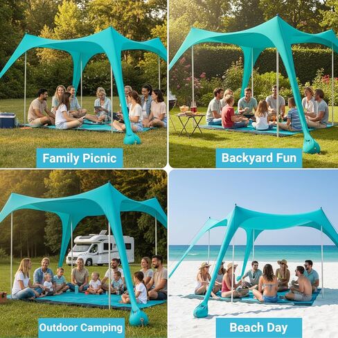 12x12 FT Beach Tent Sun Shelter UPF 50+, XL Beach Canopy with 4 Thickened Aluminum Poles, Sandbags, Windproof Portable Beach Sun Shade with Beach Blanket, Shovels, for Outdoor Camping Fishing RV Trip in Saudi Arabia