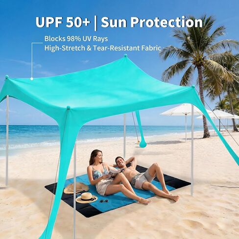 12x12 FT Beach Tent Sun Shelter UPF 50+, XL Beach Canopy with 4 Thickened Aluminum Poles, Sandbags, Windproof Portable Beach Sun Shade with Beach Blanket, Shovels, for Outdoor Camping Fishing RV Trip in Saudi Arabia