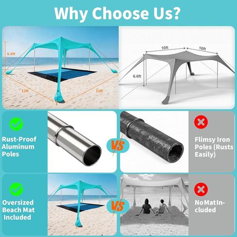 12x12 FT Beach Tent Sun Shelter UPF 50+, XL Beach Canopy with 4 Thickened Aluminum Poles, Sandbags, Windproof Portable Beach Sun Shade with Beach Blanket, Shovels, for Outdoor Camping Fishing RV Trip in Saudi Arabia