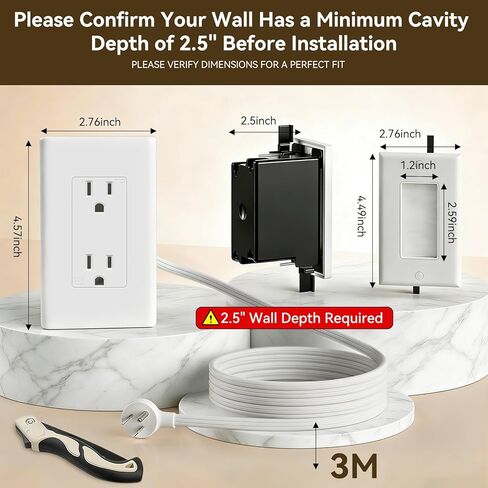 in Wall Cable Management Kit，TV Vord Hider，Outlet Relocation Kit for Relocating Unreachable Electrical Outlets，2 AC Outlets，9.8ft Cord – Easy, Safe Cable Management for Organized TV and Home Setups in Saudi Arabia