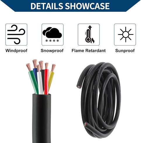 9.8FT 18 سلك قياس 6 موصل 18 AWG النحاس المعلب PVC الذين تقطعت بهم السبل، سلك كهربائي لإضاءة LED، كابل تمديد الجهد المنخفض في الهواء الطلق، السيارات، مقطورة، أسود in Kuwait
