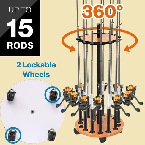 Japard Fishing Rod Holders Rolling Stand for Garage, 360 Degree Movable with Wheels Floor Rack Storage of 15 Poles Reals Gift Men in Saudi Arabia