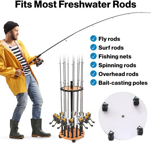 Japard Fishing Rod Holders Rolling Stand for Garage, 360 Degree Movable with Wheels Floor Rack Storage of 15 Poles Reals Gift Men in Saudi Arabia
