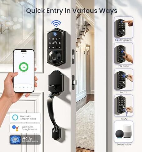 Veise VE017-K+VE017G-H WiFi Fingerprint Smart Door Lock, App Control, Fingerprint Access, Keyless Entry Front Door Lock Set, Matte Black in Saudi Arabia