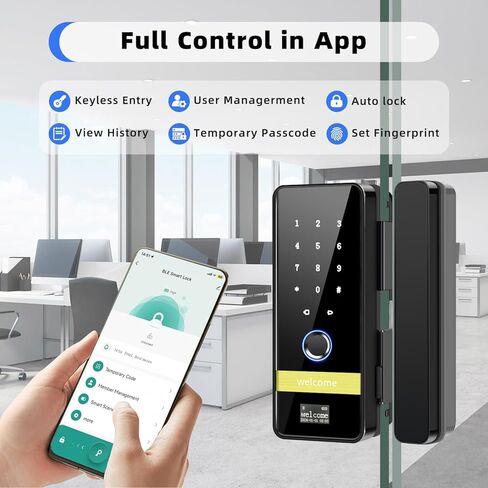 قفل باب زجاجي ذكي، قفل باب دخول بدون مفتاح 7 في 1، قفل باب زجاجي رقمي إلكتروني ببصمة الإصبع مع لوحة مفاتيح، قفل تلقائي، تحكم في التطبيقات، قفل ذكي للباب المنزلق للمكتب والمنزل والمتجر in Kuwait