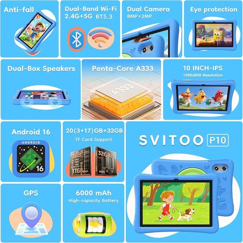 تابلت SVITOO للأطفال مقاس 10 بوصة، أجهزة Android اللوحية للأطفال الصغار مع أدوات تحكم أبوية، ذاكرة الوصول العشوائي 20 جيجابايت، ذاكرة الوصول العشوائي 32 جيجابايت، 1 تيرابايت قابلة للتوسيع، كاميرا مزدوجة، 6000 مللي أمبير في الساعة واي فاي 6، حافظة إيفا مقا in Kuwait