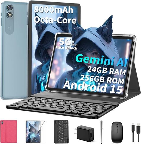 تابلت Android 15 مقاس 10 بوصة، 2026 جهاز لوحي مع لوحة مفاتيح، 24 جيجابايت + 256 جيجابايت + 2 تيرابايت توسيع، أجهزة لوحية مع Gemini AI، بطارية 8000 مللي أمبير، 5G WiFi، Widevine L1، أجهزة لوحية 2 في 1 مع حافظة، ماوس، قلم (جراب أسود) in Saudi Arabia