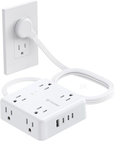 TROND Surge Protector Power Strip, 5FT Flat Plug Extension Cord with 8 Outlets & 4 USB Ports (3 USB C), 1625W, Wall Mount Outlet Extender for Home Office Dorm Room Essentials, White in Saudi Arabia