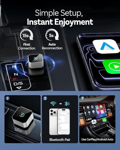 محول CarPlay اللاسلكي لأجهزة Apple iPhone وAndroid Auto، 2026 ترقية التوصيل والتشغيل 2 في 1 يحول السلكية إلى محول تشغيل السيارة اللاسلكي، اتصال تلقائي سريع، حجم صغير مع iPhone iOS 10+ in Kuwait