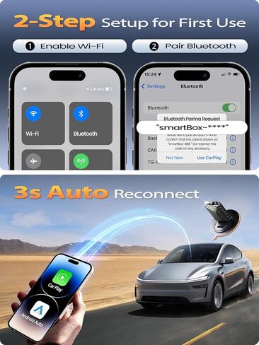 محول CarPlay اللاسلكي الصغير للغاية لأجهزة Apple iPhone - التوصيل والتشغيل، بدون كمون، يحول السلكية إلى دونجل تشغيل السيارة اللاسلكية، سريع الثبات للسيارات 2016+ مع Apple CarPlay Carbon in Kuwait