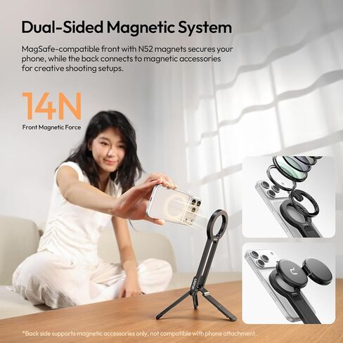 ULANZI MA57 Magnetic Phone Tripod for iPhone - Portable Mini Tripod for MagSafe Pocket Cell Phone Stand, Strong Magnet Quick Mount Foldable Hook Compatible with iPhone 17 16 15 14 13 12 Series, Black in Saudi Arabia