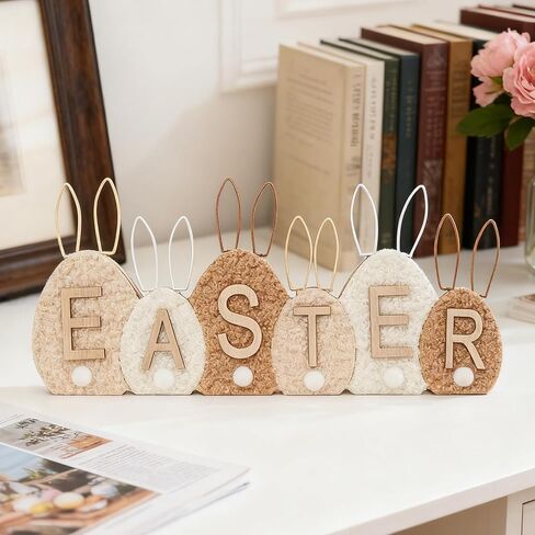 DN DECONATION Easter Decor Sign，Wooden Egg-Shaped Bunny Tabletop Decor with Sherpa Cover， Rustic Farmhouse Centerpiece for Table Mantel Shelf Home Office Spring Decorations in Saudi Arabia