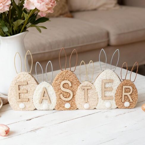 DN DECONATION Easter Decor Sign，Wooden Egg-Shaped Bunny Tabletop Decor with Sherpa Cover， Rustic Farmhouse Centerpiece for Table Mantel Shelf Home Office Spring Decorations in Saudi Arabia
