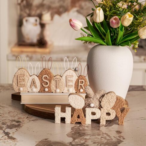 DN DECONATION Easter Decor Sign，Wooden Egg-Shaped Bunny Tabletop Decor with Sherpa Cover， Rustic Farmhouse Centerpiece for Table Mantel Shelf Home Office Spring Decorations in Saudi Arabia