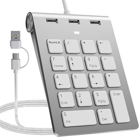 لوحة أرقام 2 في 1 وموزع USB مع كابلات USB-C وUSB-A، لوحة أرقام سلكية مريحة 15 درجة مع 3 منافذ USB 2.0، لوحة مفاتيح رقمية 18 مفتاحًا لأجهزة الكمبيوتر المحمول/سطح المكتب/السطح/iPad/Mac/لا حاجة إلى محول لوحة مفاتيح أرقام USB in Kuwait