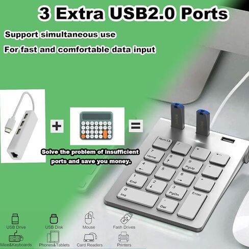 لوحة أرقام 2 في 1 وموزع USB مع كابلات USB-C وUSB-A، لوحة أرقام سلكية مريحة 15 درجة مع 3 منافذ USB 2.0، لوحة مفاتيح رقمية 18 مفتاحًا لأجهزة الكمبيوتر المحمول/سطح المكتب/السطح/iPad/Mac/لا حاجة إلى محول لوحة مفاتيح أرقام USB in Kuwait