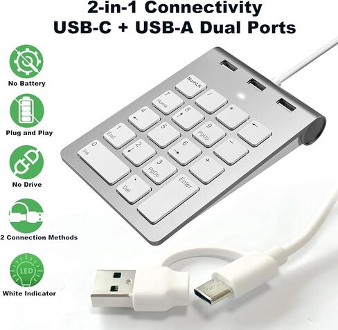 لوحة أرقام 2 في 1 وموزع USB مع كابلات USB-C وUSB-A، لوحة أرقام سلكية مريحة 15 درجة مع 3 منافذ USB 2.0، لوحة مفاتيح رقمية 18 مفتاحًا لأجهزة الكمبيوتر المحمول/سطح المكتب/السطح/iPad/Mac/لا حاجة إلى محول لوحة مفاتيح أرقام USB in Kuwait