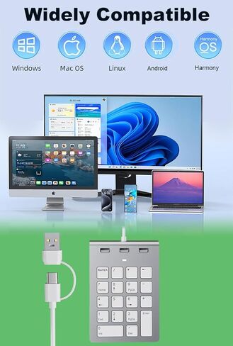 لوحة أرقام 2 في 1 وموزع USB مع كابلات USB-C وUSB-A، لوحة أرقام سلكية مريحة 15 درجة مع 3 منافذ USB 2.0، لوحة مفاتيح رقمية 18 مفتاحًا لأجهزة الكمبيوتر المحمول/سطح المكتب/السطح/iPad/Mac/لا حاجة إلى محول لوحة مفاتيح أرقام USB in Kuwait