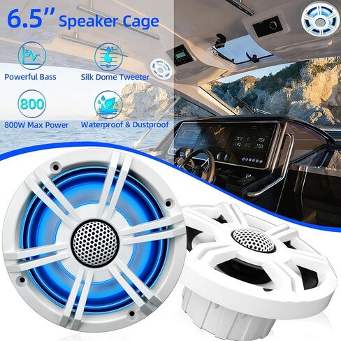 مكبرات صوت بحرية 6.5 بوصة بقدرة 800 وات، مكبرات صوت ستيريو IP-X6 مقاومة للماء مع مصابيح LED، صوت محوري ثنائي الاتجاه، مكبر صوت Y35، مقاوم للأشعة فوق البنفسجية ورذاذ الملح (زوج، أبيض) in Kuwait