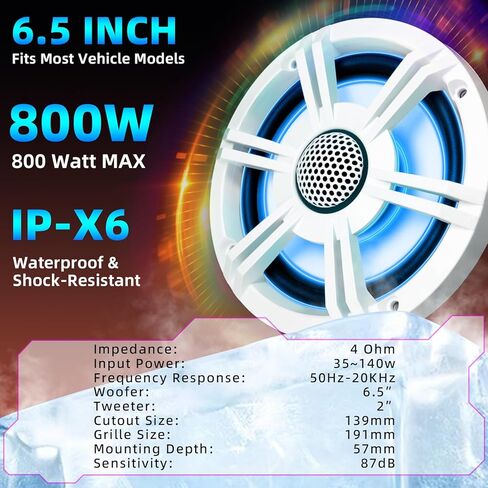 مكبرات صوت بحرية 6.5 بوصة بقدرة 800 وات، مكبرات صوت ستيريو IP-X6 مقاومة للماء مع مصابيح LED، صوت محوري ثنائي الاتجاه، مكبر صوت Y35، مقاوم للأشعة فوق البنفسجية ورذاذ الملح (زوج، أبيض) in Kuwait