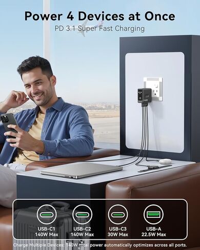 Laptop Charger, GaN 140W USB C Charger PD3.1 PPS 4-Port Multi-Device Fast Charging, USB C Power Adapter, Intuitive Touch Screen, for MacBook Pro/Air, iPhone 17/16 Series in Saudi Arabia