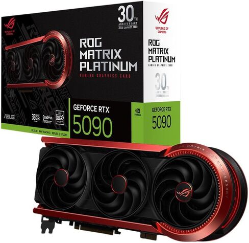 بطاقة رسومات الألعاب ASUS ROG Matrix Platinum GeForce RTX 5090 OC إصدار الذكرى السنوية الثلاثين، 32 جيجابايت GDDR7، PCIe 5.0، 512 بت، تبريد معدني سائل، DisplayPort 2.1b، HDMI 2.1b، MTX5090P32G30TH in Saudi Arabia