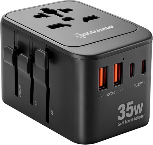 Realmade Universal Travel Adapter 35W PD Fast Charger, Worldwide Power Outlet with 2 USB-C & 2 USB-A Ports, 100-250V International Plug Adaptor for US/EU/UK/AU/Asia (Type A/C/G/I) White in Saudi Arabia
