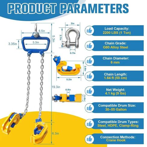 Chain Drum Lifter 2200 lbs Capacity Vertical Drum Barrel Clamp with Self-Locking Hook 1-Ton Lifter for 30-55 Gallon Drums Industrial Lift for Chemical Construction in Saudi Arabia