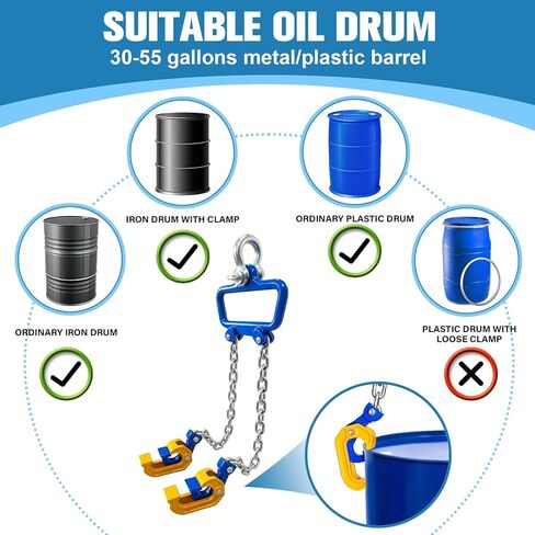 Chain Drum Lifter 2200 lbs Capacity Vertical Drum Barrel Clamp with Self-Locking Hook 1-Ton Lifter for 30-55 Gallon Drums Industrial Lift for Chemical Construction in Saudi Arabia
