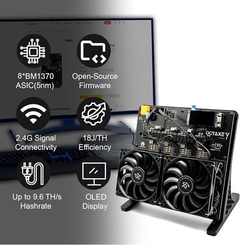 جهاز تعدين Bitcoin من NerdOCTaxe، جهاز تعدين ASIC محدث بكفاءة 9.6TH/s 16.6J/TH، طاقة منخفضة 160 وات، إشارة 2.4G وآلة تشفير مفتوحة المصدر بمروحة مزدوجة هادئة لتعدين BTC in Kuwait