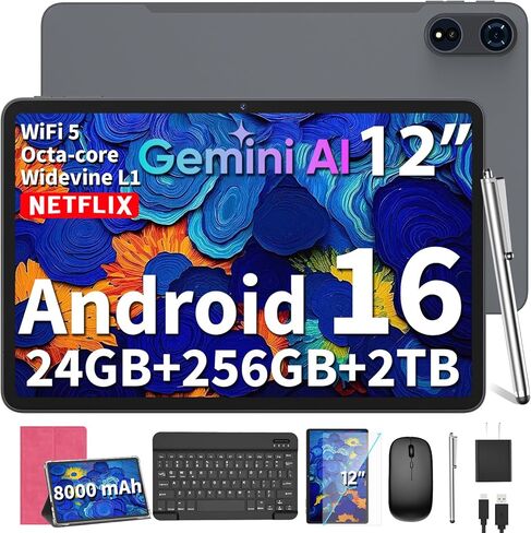2026 12 Inch Large Tablet, Android 16 Tablet with Keyboard, 24GB+256GB+2TB Expand, Tablets PC with 2K Gemini AI, 8000mAh, Octa-Core, 16+8MP, 2 in 1 Tablets with Case, Mouse, Stylus (Black Case) in Saudi Arabia