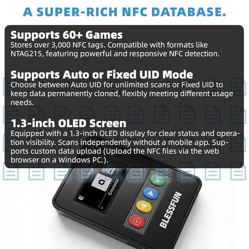 محاكي ZH NFC، تخزين أكثر من 3000 بيانات NFC، شاشة OLED مقاس 1.3 بوصة، أزرار تحكم سهلة، متوافق مع أكثر من 60 لعبة، قابل لإعادة الشحن، منفذ من النوع C، أسود in Kuwait