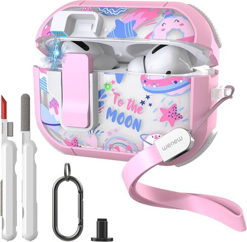 WENEW Case for AirPods Pro & Pro 2 Case Cover Secure Lock Automatic Snap Switch Clip Cleaner Kit Lanyard Women Stylish Hard Shell Full Body Front LED Visible (Purple Butterfly, AirPods Pro & Pro 2) in Kuwait
