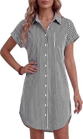 Rooscier Women's Striped Shirt Button Down Short Sleeve Split Side Mini Dress in Saudi Arabia