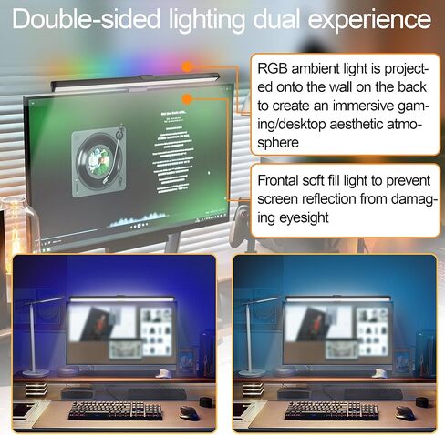 Dual-Sided Screen Light Bar, RGB Atmosphere Backlight & 3 Color Temperatures, Touch Control Non-Magnetic Lamp for Low-Light Eye Care in Saudi Arabia