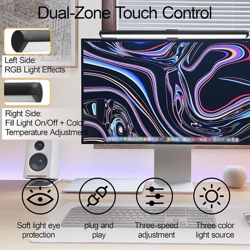 Dual-Sided Screen Light Bar, RGB Atmosphere Backlight & 3 Color Temperatures, Touch Control Non-Magnetic Lamp for Low-Light Eye Care in Saudi Arabia