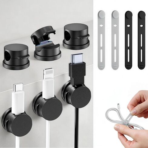 360° Rotatable Cord Organizer Set: 10 Pack Cable Holders & Silicone Cable Straps, Adhesive Wire Fixer for Desk Phone Charger, Nightstand Cable Management for Home Travel Office Accessories Black in Saudi Arabia