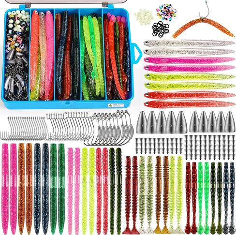 PLUSINNO Fishing Lures, 220PCS Bass Fishing Kit with Wacky Worm, Soft Plastic Baits, Fishing Hooks, Weights & Accessories, Wacky Rig Kit Fishing Gear Gifts for Men with Tackle Box in Saudi Arabia