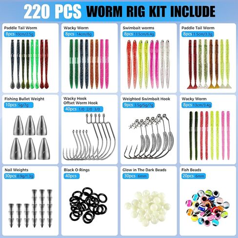PLUSINNO Fishing Lures, 220PCS Bass Fishing Kit with Wacky Worm, Soft Plastic Baits, Fishing Hooks, Weights & Accessories, Wacky Rig Kit Fishing Gear Gifts for Men with Tackle Box in Saudi Arabia