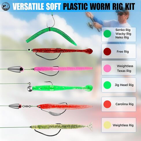 PLUSINNO Fishing Lures, 220PCS Bass Fishing Kit with Wacky Worm, Soft Plastic Baits, Fishing Hooks, Weights & Accessories, Wacky Rig Kit Fishing Gear Gifts for Men with Tackle Box in Saudi Arabia