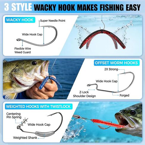 PLUSINNO Fishing Lures, 220PCS Bass Fishing Kit with Wacky Worm, Soft Plastic Baits, Fishing Hooks, Weights & Accessories, Wacky Rig Kit Fishing Gear Gifts for Men with Tackle Box in Saudi Arabia