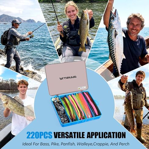 PLUSINNO Fishing Lures, 220PCS Bass Fishing Kit with Wacky Worm, Soft Plastic Baits, Fishing Hooks, Weights & Accessories, Wacky Rig Kit Fishing Gear Gifts for Men with Tackle Box in Saudi Arabia