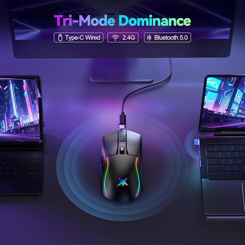 TECKNET Tri-Mode Wireless Gaming Mouse, RGB Backlit Bluetooth 5.0/2.4G/USB-C Rechargeable Ergonomic Mouse with 6 Programmable Buttons, 24000 DPI, 1000Hz Polling Rate, for PC Laptop Mac Gamer in Saudi Arabia